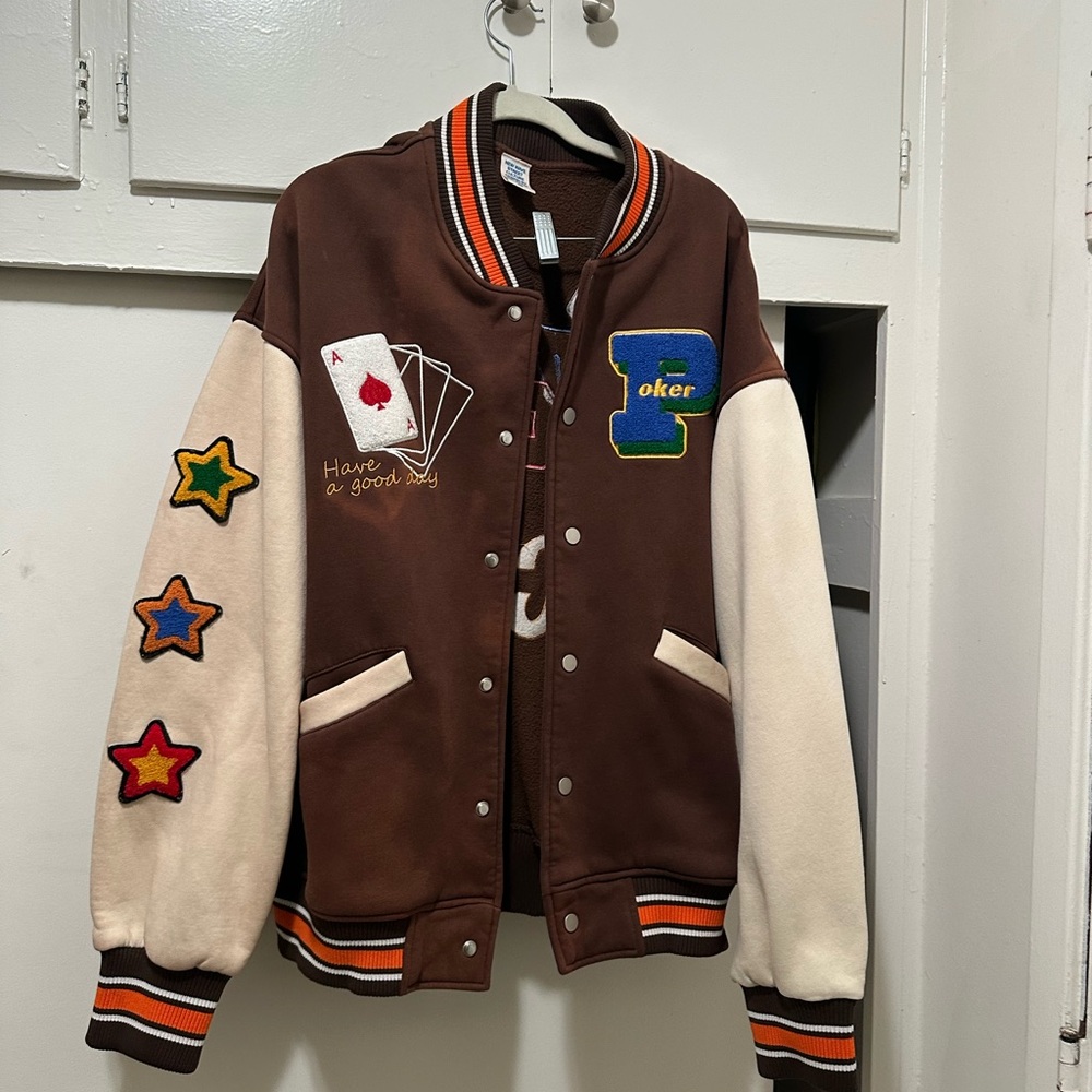 Poker-Themed Brown and Cream Varsity Jacket